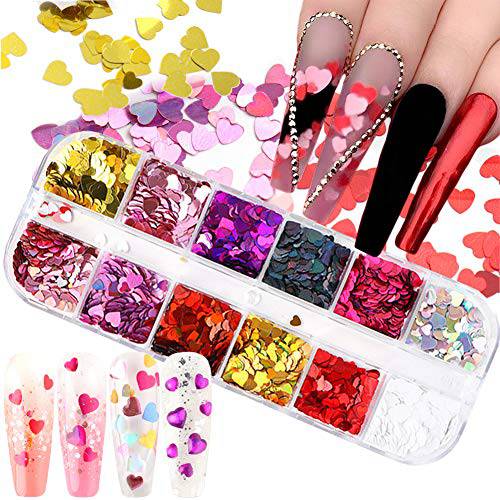 3D Heart Nail Glitter Sequins Valentine’s Day Nail Art Stickers Decals Laser Heart Glitter for Nails Heart Nail Art Glitters Flakes Acrylic Nails Design Nail Sparkle Glitter for Nail Art Decoration