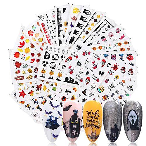 Halloween Nail Art Decals Stickers Water Transfer Nail Art Stickers Skull Pumpkin Bat Ghost Witch Spider Leaf Nail Stickers for Women Halloween Party Favors Manicure Tips Charms Decoration 24 Sheets