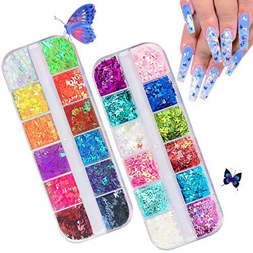 3D Holographic Butterfly Nail Glitter, UVANKAUP 24 Colors Butterfly Glitter Nail Sequins Laser Butterfly Nail Art Glitter Stickers Decals Acrylic for Nail Art Decoration & DIY Crafting