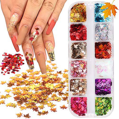 12 Colors Maple Leaf Glitter Nail Sequins Fall Nail Art Stickers 3D Laser Maple Leaves Nail Design Acrylic Nails Supply Autumn Leaves Glitters Nails Flakes Holographic Nail Sparkle Glitters Set