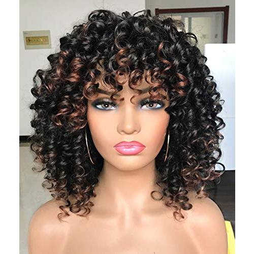 PRETTIEST Afro Curly Wigs Black with Warm Brown Highlights Wigs with Bangs for Black Women Natural Looking for Daily Wear (Ombre Brown)