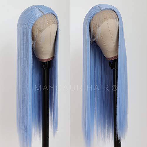 Maycaur Light Blue Lace Front Wigs Long Straight Hair 24 Inch Glueless Wigs for Fashion Women Synthetic Lace Front Wigs with Natural Hairline