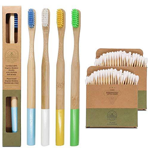 Eco Friendly and Biodegradable Bamboo Toothbrush Water Resistant | Plastic Free Round Handle | Antiseptic Medium Hard Bristles BPA-Free | Natural | Set of Toothbrushes | 200 Bamboo Cotton Swabs FREE