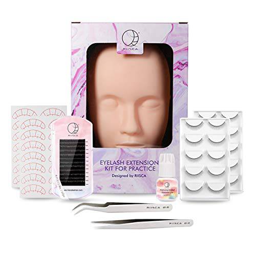 RIISCA Eyelash Extension Kit,Mannequin Head With Replaced Eyelids,Lash Extension Supplies for Beginners,Silicone Training Set,Professional Lash Extension Kit for Makeup and Eyelash Graft