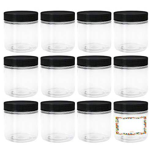 ljdeals 4oz Clear Plastic Jars with Lids, Refillable Empty Round Containers, Pack of 12, BPA Free, Made in USA, 12 Labels, Perfect for Kitchen, Cosmetic, Lotion, Personal Care Products and more