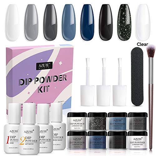 Dip Powder Nail Kit Starter, AZUREBEAUTY Blue Black 8 Colors Acrylic Dipping Powder System Essential Liquid Set with Top/Base Coat Activator Brush Saver for French Nail Art Manicure Beginner DIY Salon