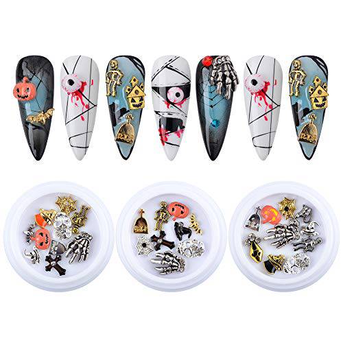 QIMYAR Nail Charms Halloween For Acrylic Nails 3D Nail Art Charms Nail Decoration Manicure Kit Mixed Skull Pumpkin Skeleton Hands Bat Witch Spider Web Castle Design 3 Boxes