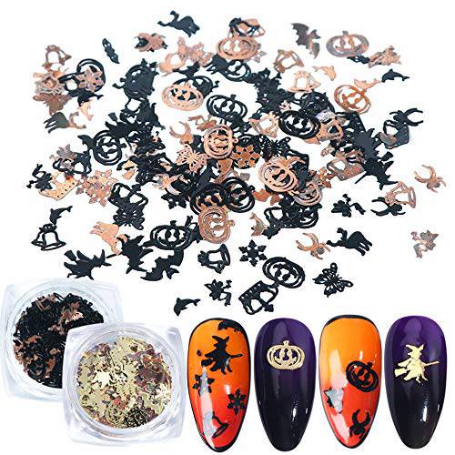 Halloween Nail Stickers Glitters Sequins Flakes Nail Art Accessories Decals Day of The Dead Metal Paillettes Pumpkin Witch Bat Design for Halloween Party Fingernail Toenail Nail Decor(240PCS, 2 Boxs)