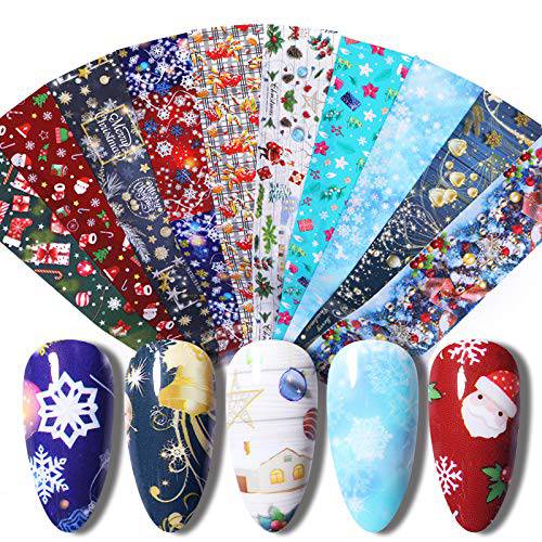 Christmas Nail Art Foil Transfer Stickers，CHANGAR 2020 Popular Christmas Tree Bell Hat Sock Candy Santa Claus Nail Foil Adhesive Stickers Starry Sky Manicure Transfer Tips Nail Art DIY Decoration Kit
