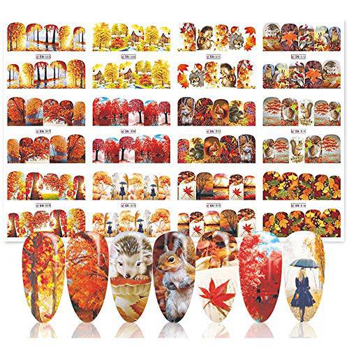 BiBiSi Fall Nail Art Stickers Decals Thanksgiving Fall Maple Leaf Nail Art Supplies Nail Foil Water Transfer Nail Accessories Autumn Colors 12 Design Maple Girls Designs for Acrylic Nails