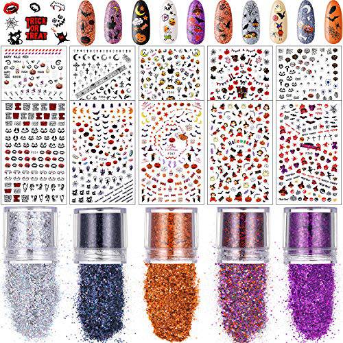 1200 Pieces Halloween Nail Decals Stickers and 5 Colors Holographic Chunky Glitter Sequins for DIY Nail Design Tips Face Body Eye Festival Halloween Party Decor Stickers Include Pumpkin/Bat/Ghost/Witch