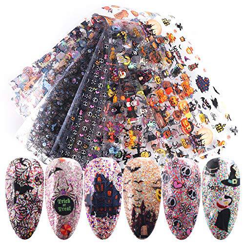 Halloween Nail Art Foils Transfer Stickers Nail Art Supplies Halloween Nail Foil Decals Pumpkin Spider Skull Ghost Witch Bat Nail Design Sticker Acrylic Nails Supply Manicure Charms (10 Sheets)