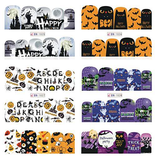 Lurrose 12 Sheets Halloween Nail Stickers Cute Pumpkin Bat Cat Pattern Nail Polish Stickers Water Transfer Manicures Decals