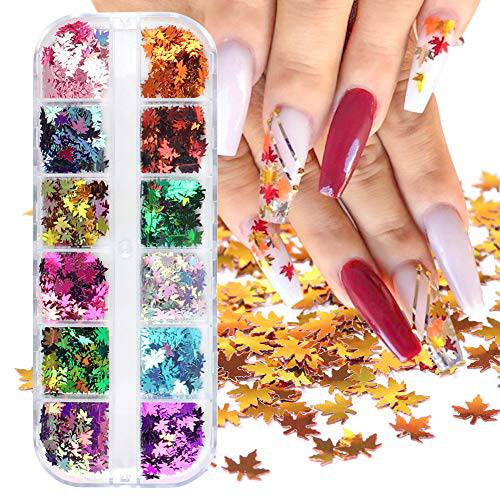 12 Colors Fall Nail Art Glitters Maple Leaf Nail Sequins Fall Glitter Nails Decorations Autumn Gold Maple Leaves Shape Flakes Nail Designs for Nails Polish Gel Polygel Manicure Tips Accessories
