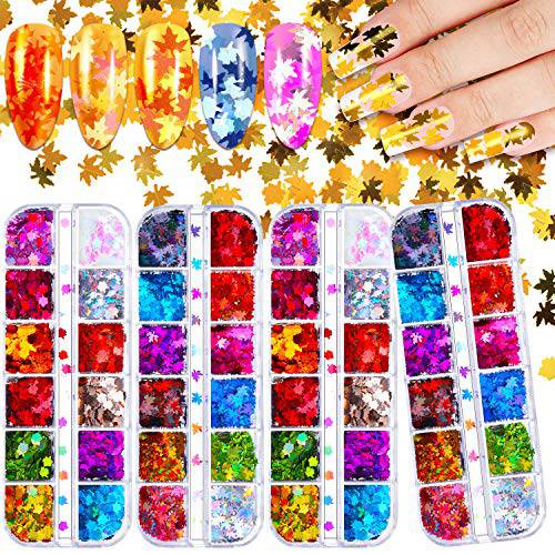 48Boxes Fall Leaf Glitter Nail Sequins Thanksgiving Day Autumn Nail Stickers Maple Leaf Nail Confetti 3D Holographic Nail Design Flakes Foils Decals for Manicure Nail Design Makeup DIY Decorations