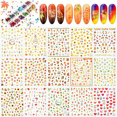 1500 Pieces 15 Sheets Thanksgiving Autumn Self-Adhesive Nail Design Sticker Decal Pumpkin Nail Design Sticker and 12 Grids 3D Holographic Maple Leaf Nail Sequin Glitter for Nail Design Decoration DIY Crafts