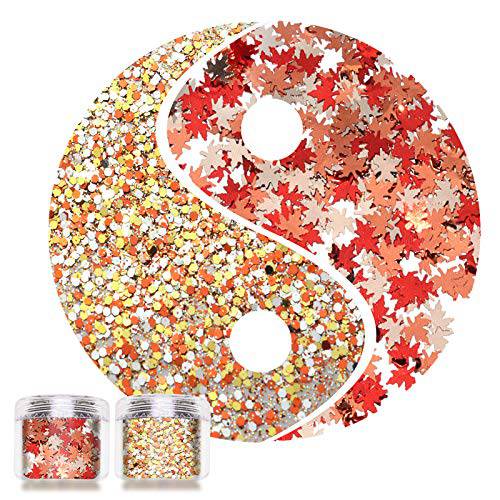 Allstarry 2 Boxes Chunky Glitter Nail Sequins Autumn Maple Leaves Cosmetic Nail Art Mixed Foil Flakes Colorful Confetti Glitter 10g per Jar for Makeup DIY Nail Art Decoration
