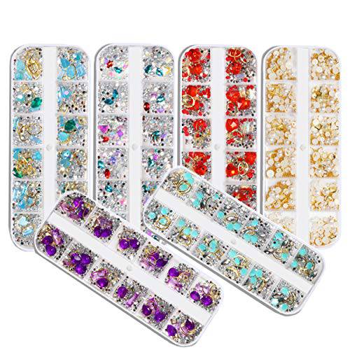EBANKU 6 Boxes 3D Nail Rhinestones Crystals Gems Diamonds Pearl, Gold Metal Nail Charms Nail Studs Nail Jewels for Nail Art Decoration DIY Crafts