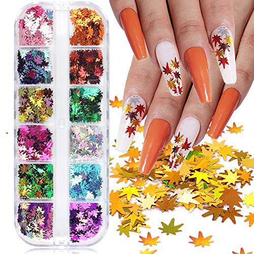 BiBiSi Fall Nail Art Stickers Decals Leaf Glitter Maple Fall Nail Art Sequins Supply Manicure Tips Accessories 12 Colors Autumn Gradient Maple Leaf Holographic Nail Sequins Acrylic Nail Art Supplies