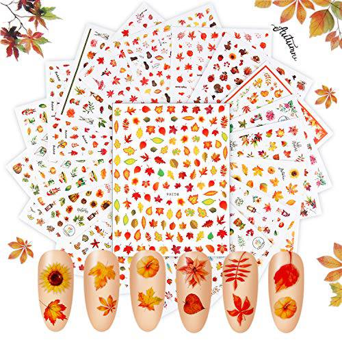 18 Sheets Autumn Nail Design Sticker Thanksgiving 3D Nail Self-adhesive Decals Maple Leaf Pumpkin Sunflower Squirrel Leaves for Women Girls DIY Nail Design Manicure