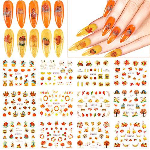 24 Sheets Thanksgiving Nail Design Stickers Autumn Fall Nail Decals Maple Leaf Pumpkin Nail Design Stickers Water Transfer Nail Decoration DIY Nail Charms Accessories