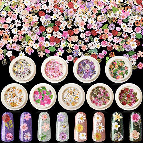 9 Boxes 3D Flower Nail Art Sequins Decals Sticker Colorful Mixed Flowers Leaves Design Slice Nail Flakes for Nail Face Body Decoration DIY Crafting