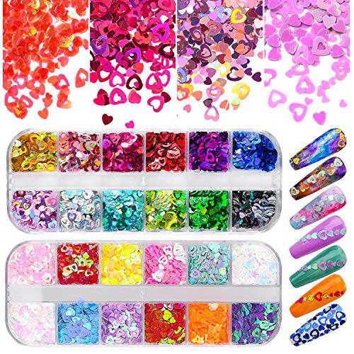 Warmfits Nail Art Heart Glitter 24 Colors Holographic Sparky Mixed Heart & Hollow Heart Shaped Nail Sequins 4mm 3mm 2mm Various Size for Acrylic Nail Decoration Eye Face Body DIY Crafts (Pattern A)