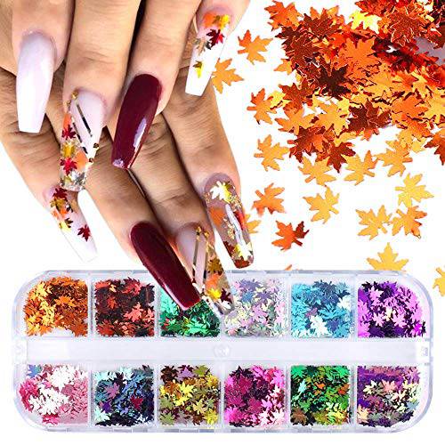 12 Colors Fall Nail Art Stickers Maple Leaf Nail Art Sequins Nails Supplies Autumn Maple Leaves Glitter Nail Design Decals 3D Glitters Thin Flakes Manicure Tips Accessories Acrylic Nails Supply Sheets