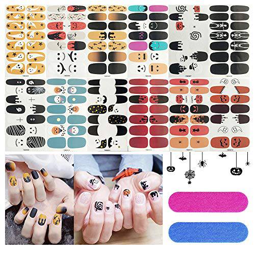 12 Sheets Halloween Nail Stickers Self-Ashesive DIY Nail Art Sticker Decals Full Wraps Polish Stickers Strips Manicure Nail Tip Decoration with 2 Nail Files for Halloween Party Women Girls