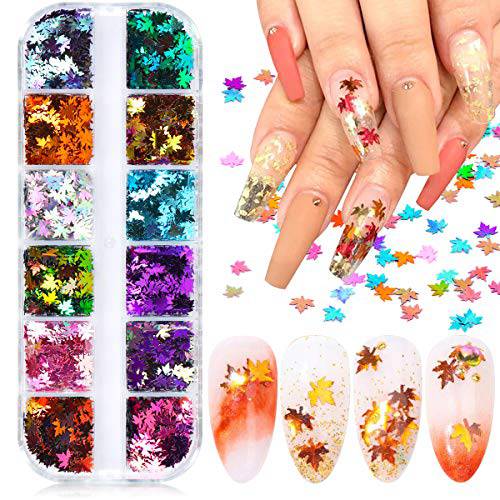 UNIME Fall Nail Art Glitters Maple Leaf Nail Sequins, 12 Colors Autumn Leaf Shape Flakes Holographic Leaves Paillettes Designs for Nails Polish Supplies Manicure Tips Thanksgiving Day Nail Decorations