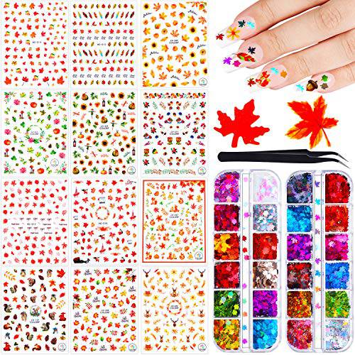 12 Sheets Thanksgivings Nail Decals, 24 Boxes Colored Maple Leaf Holographic Nail Sequins 3D Glitter Sequins Maple Leaves Nail Flakes with Tweezers for Women Nail Decoration