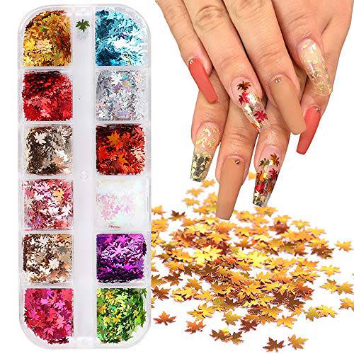 Macute Fall Nail Art Stickers Decals Maple Leaf Nail Glitters, 12 Colors Autumn Leaf Shape Nail Sequins Holographic 3D Maple Leaves Manicure Tips Accessories Paillettes Flakes for Nails Decorations