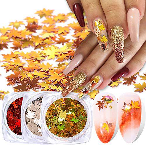 Maple Leaves Glitter Fall Nail Art Sequins Glitter Kits Fall Nail Art Decals Nail Supplies Holographic Nail Accessories Decorations Nail for Women Girls Colored Acrylic Fall Maple Leaf 3 Box