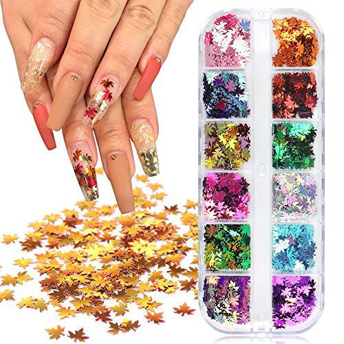 Maple Leaf Nail Art Sticker Decals Fall Nail Art Glitters Sequins Nails Decorations Supply Gel Polish Manicure Tips Accessories 12 Grids Autumn Maple Leaves Nail Design Glitter Flakes Set