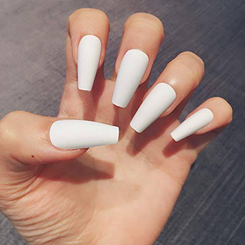 Artquee 24pcs White Matte Ballerina Long Coffin Fake Nails Press on Nail False Tips Manicure for Women and Girls