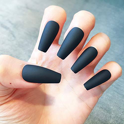 Artquee 24pcs Black Matte Ballerina Long Coffin Fake Nails Press on Nail False Tips Manicure for Women and Girls
