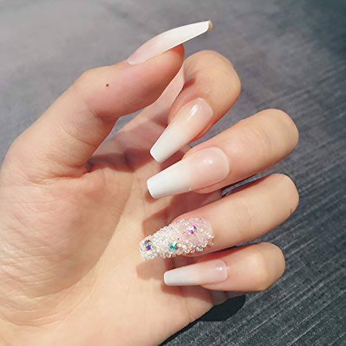 Artquee 24pcs French Nude Pink Ombre Ballerina Rhinestones Long Coffin Fake Nails Press on Nail False Tips Manicure for Women and Girls