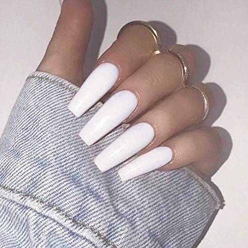 Poliphili 24Pcs Glossy Pure Color Super Long Press on Removable Wear Fake Nails Ballerina Coffin Extra Long Art Manicure Full Cover Acrylic False Nails Tips for Girls and Women (White)