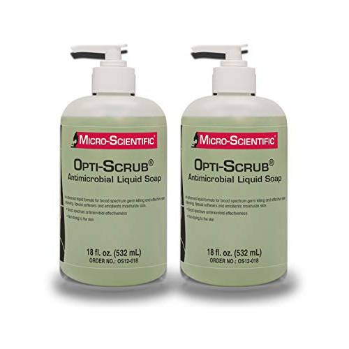 Micro-Scientific (2 Pack 18 Ounce) Opti-Scrub Antimicrobial Liquid Soap, Broad Spectrum, Non-Drying