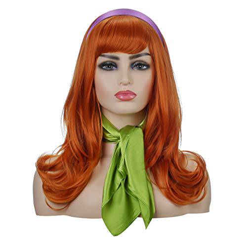 Qaccf Long Wavy Full Bang halloween Costume Women Wig with Purple Head bang and Green Scarf (Ginger)