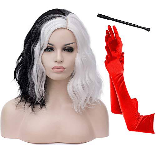 Black and White Wigs for Cruella Deville Cosplay Costume Short Curly Wavy Hair Wig Heat Resistant Synthetic Wigs for Women Halloween Daily Party 011