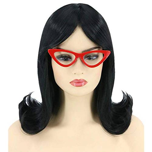 Topcosplay Womens Wig Short Black Flip Bob Wig with Glasses Cosplay Halloween Costume Wigs