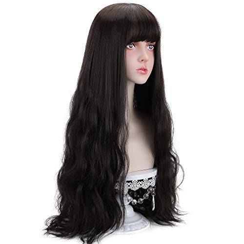 Long Black Synthetic Wig with Bangs - Natural Long Wavy Cosply Wigs for Women Halloween Christmas 30 (Black)