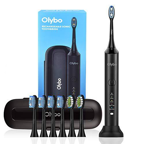Olybo Sonic Electric Toothbrush Sonic Toothbrushes Power Whitening for Adults，5 Modes 48000VPM with 6 Replacement Brush Heads and Travel Case (Black)