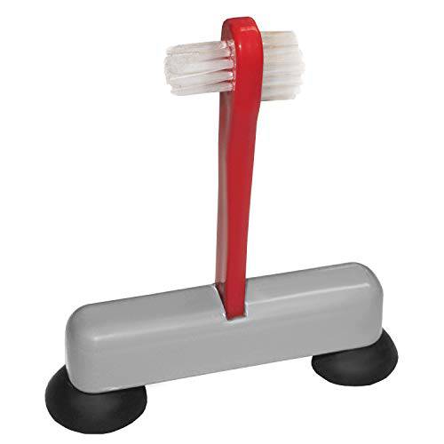 Rehabilitation Advantage Denture Scrub Brush & Suction Cup Holder,Red/Gray