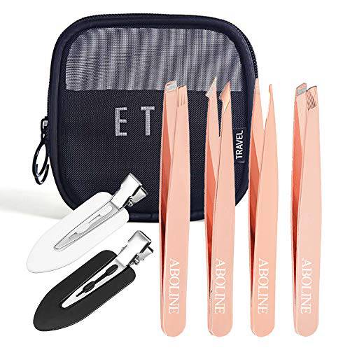 Tweezers For Women, ABOLINE 4 PCS Professional Slant Tip Tweezer Set Great Precision Tweezers for Ingrown Hair, Eyebrows Plucking,Best Precision with Travel Bag and No Bend Hair Clips(Rose Golden)