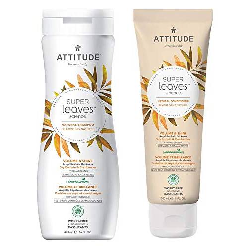 ATTITUDE Super Leaves Volume Shine Shampoo Conditioner- Soy Protein & Cranberries Bundle with Vitamin B5 Watercress Indian Cress, Raspberry, 16 Fl Oz and 8 oz, 2 count