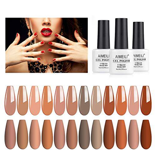 AIMEILI Soak Off U V LED Nude Brown Gel Nail Polish Color, Nudes Neutral Color Gel Kit for Halloween Nail Art Gifts for Women Mother Gift Set Of 12pcs X 8ml - Kit Set 1