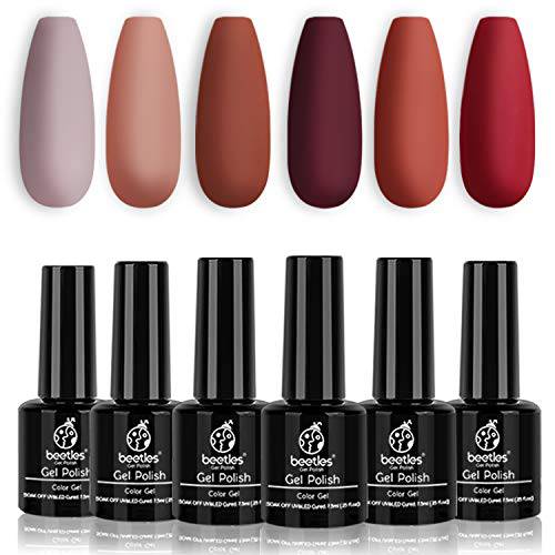 Beetles Gel Nail Polish Set, Caramel Collection Gel Nail Polish Kit 6 Colors Fall Winter Gel Polish Burgundy Red Brown Nail Gel Soak off Nail Lamp Manicure Christmas New Year Holiday Gifts for Women