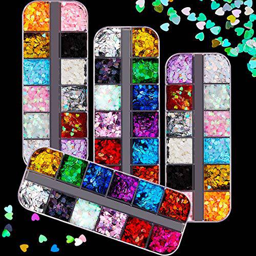 48 Grids 3D Heart Nail Sequins Nail Design Glitter Decals Laser Heart Nail Sequins Colorful Shinny Nail Flakes for Women Girl DIY Nail Salons Decoration